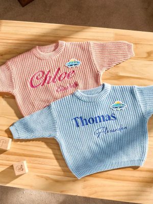 Personalized Baby Sweater – Custom Embroidered Name Knit Jumper, Handmade Toddler Sweatshirt, Baby Shower Gift