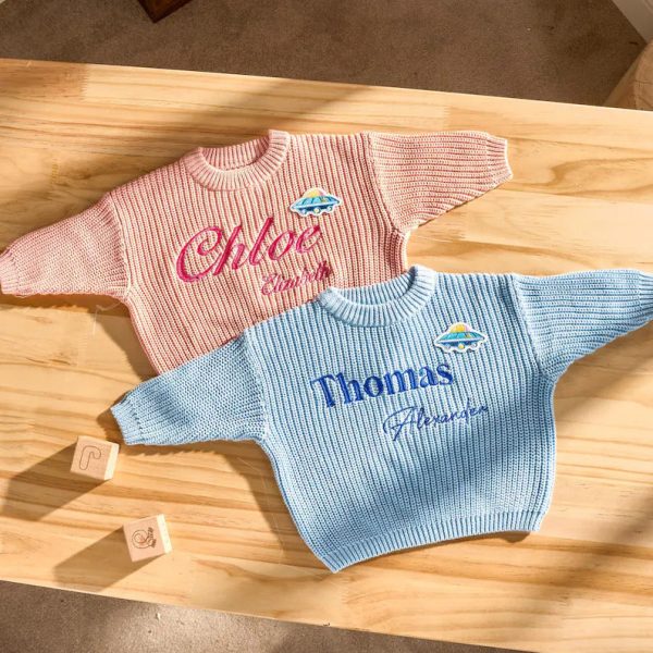 Personalized Baby Sweater – Custom Embroidered Name Knit Jumper, Handmade Toddler Sweatshirt, Baby Shower Gift