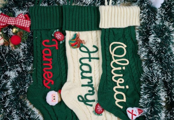Personalized Christmas Stocking – Custom Embroidered Knit Xmas Sock, Name Christmas Decoration, Family Holiday Gift Bag