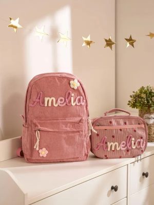 Personalized Corduroy Backpack and Lunch Bag Set – Custom Name School Bag for Kids, Toddler Preschool Bag, Back to School Gift