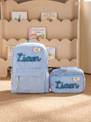 Personalized Corduroy Backpack and Lunch Bag Set – Custom Name School Bag for Kids, Toddler Preschool Bag, Back to School Gift