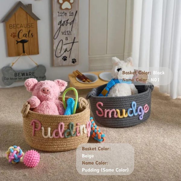 Personalized Pet Toy Basket – Custom Woven Storage Basket with Name, Dog or Cat Toy Organizer, Pet Gift Basket