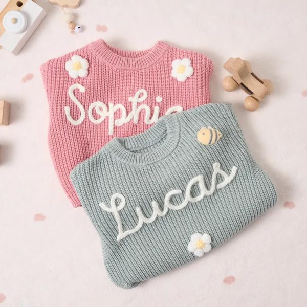 Personalized Baby Sweater – Custom Name Knit Jumper, Handmade Toddler Sweatshirt, Baby Shower Gift