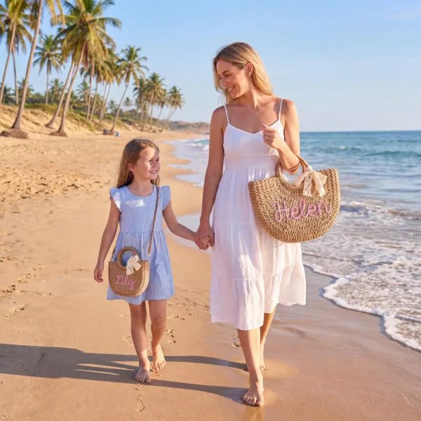 Personalized Mother Daughter Straw Bag Set, Custom Large Beach Tote & Small Crossbody, Matching Mommy and Me Summer Bags, Gift for Her