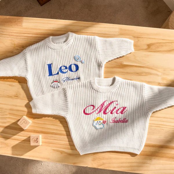 Personalized Baby Sweater – Custom Embroidered Name Knit Jumper, Handmade Toddler Sweatshirt, Baby Shower Gift