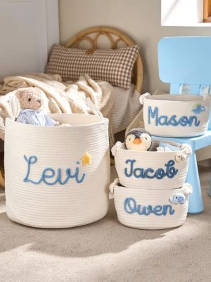 Personalized Woven Basket – Custom Name Storage Basket for Baby Toys, Nursery Organizer or Pet Toy Bin, Handmade Gift