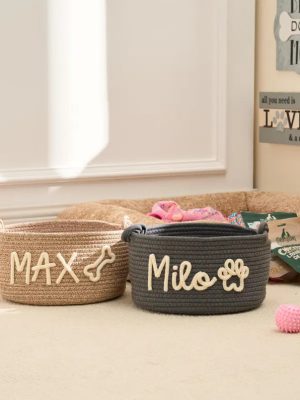 Personalized Pet Toy Basket – Custom Woven Storage Basket with Name, Dog or Cat Toy Organizer, Pet Gift Basket