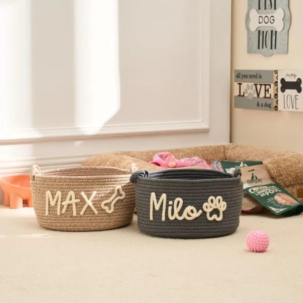 Personalized Pet Toy Basket – Custom Woven Storage Basket with Name, Dog or Cat Toy Organizer, Pet Gift Basket