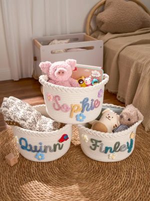 Personalized Woven Basket – Custom Name Storage Basket for Baby Toys, Nursery Organizer or Pet Toy Bin, Handmade Gift