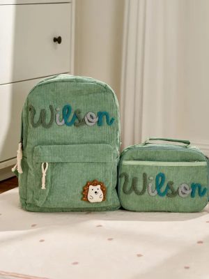 Personalized Corduroy Backpack and Lunch Bag Set – Custom Name School Bag for Kids, Toddler Preschool Bag, Back to School Gift
